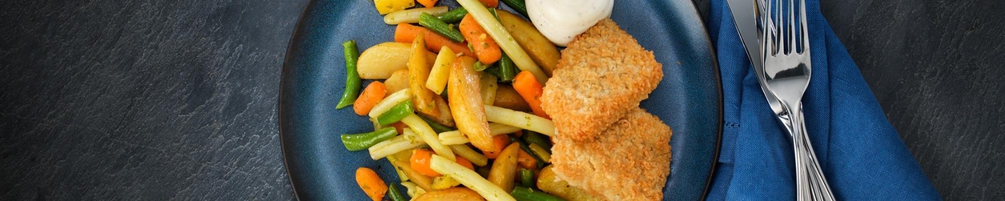 Rapeaksi paneroitua Findus-kalafileetä ja Andalusian Style -unni- ja grillikasviksia